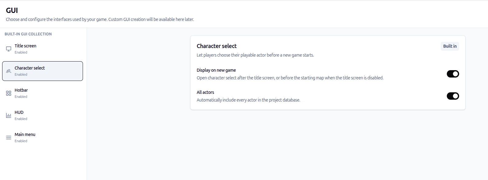 Character Select options in the built-in GUI settings