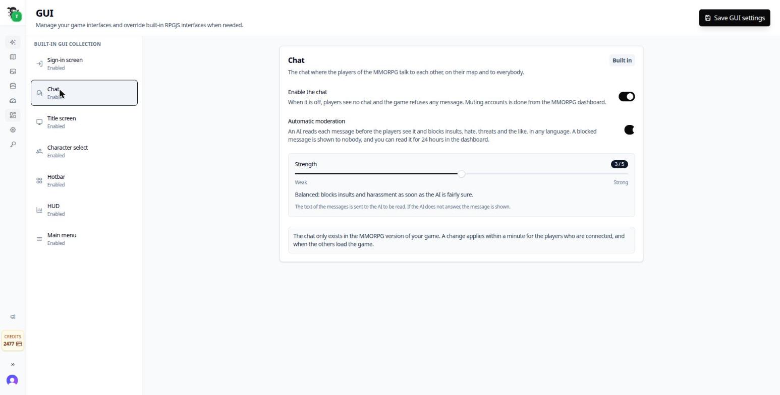Chat settings with the automatic moderation and its strength