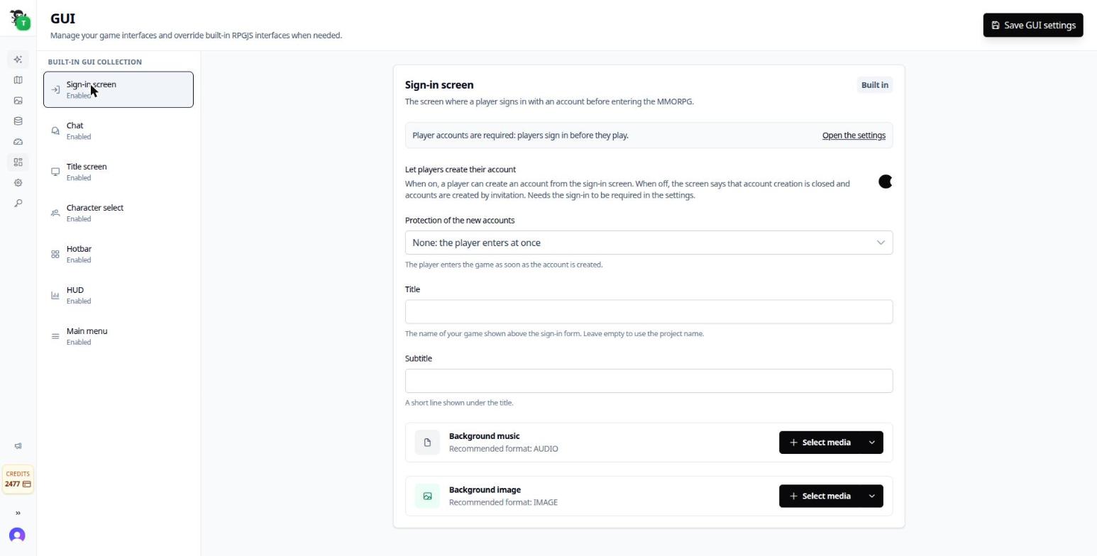 Sign-in screen settings: account creation, protection of the new accounts, title and subtitle