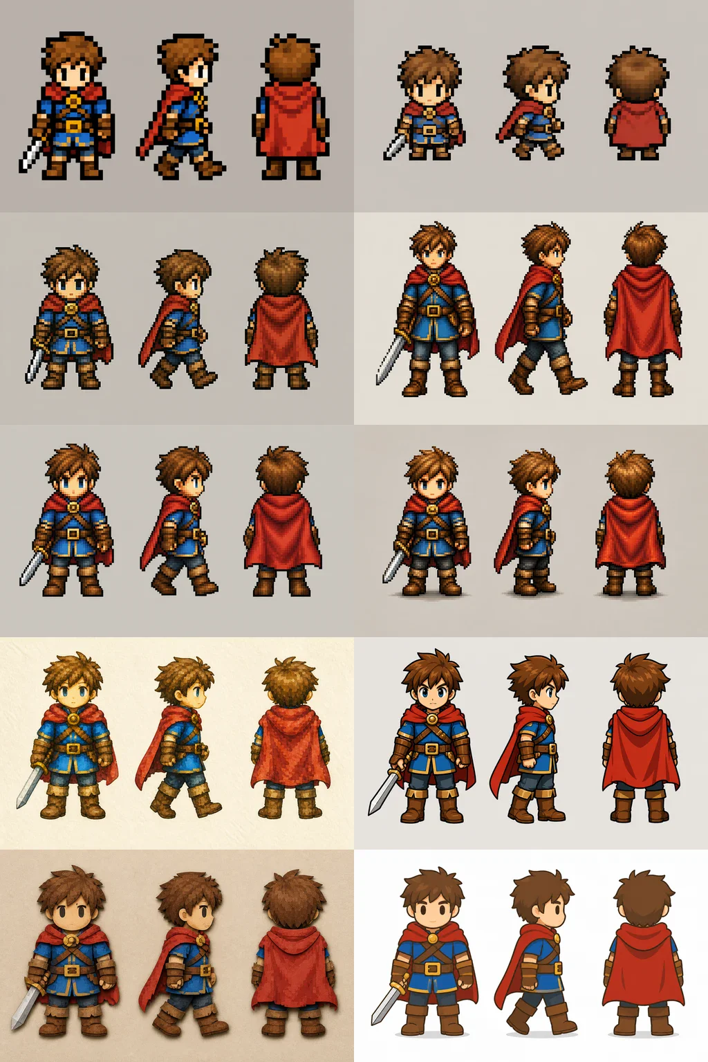 The same generated hero rendered in ten different pixel-art styles