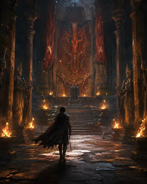 A cinematic cutscene: the hero walks into a dragon throne room