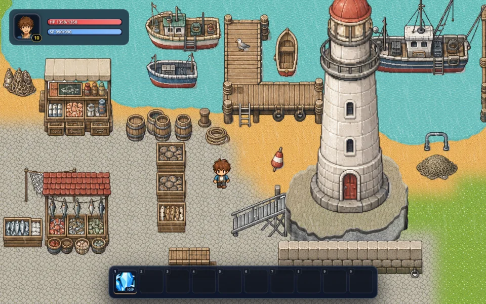 A published RPGJS game with its HUD and hotbar, running in the browser