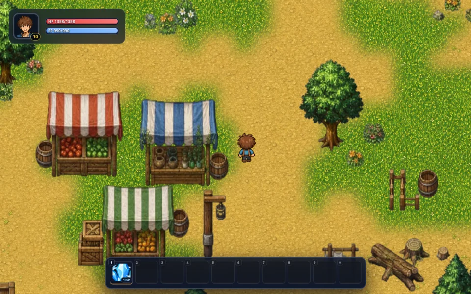 An RPGJS game running in the browser, with a villager talking to the player