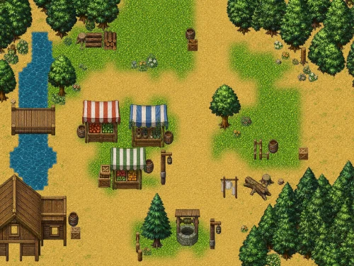 Map generated by RPGJS Studio from the prompt: A forest village with a market, RPG Maker style