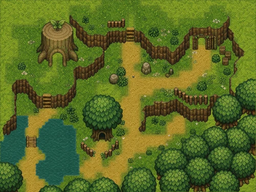 Map generated by RPGJS Studio from the prompt: Kokiri forest, Zelda style, pixel art HD-2D