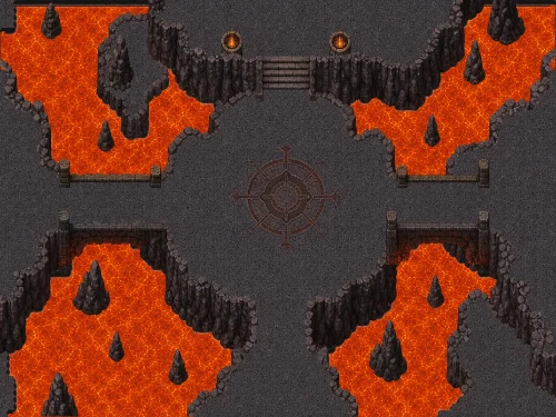 Map generated by RPGJS Studio from the prompt: A combat platform surrounded by lava, top-down, RPG Maker style