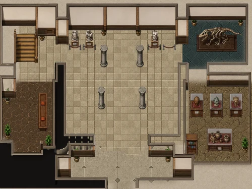 Map generated by RPGJS Studio from the prompt: Interior of a museum, RPG Maker style